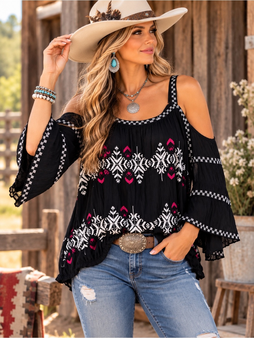 Free People Black Embroidered Cold Shoulder Bell Sleeve Boho Top M